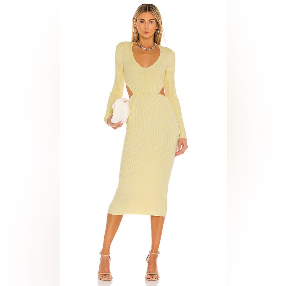 Ribbed Long Sleeve Cutout Maxi Dress in Pale Yellow